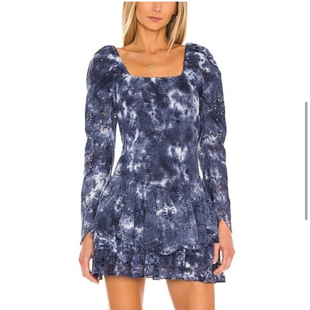 LoveShackFancy Blue Tie-Dye Eyelet Long-Sleeve Mini Dress